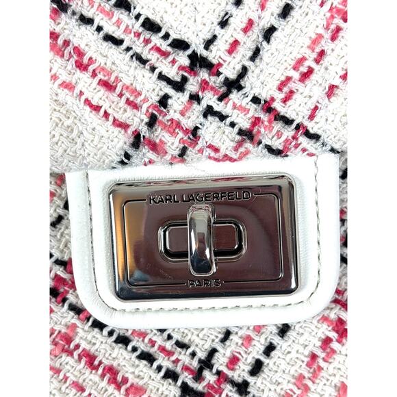 Karl Lagerfeld Women’s Lafayette Pink Plaid Leather Fabric Shoulder Bag NEW - Picture 9 of 9